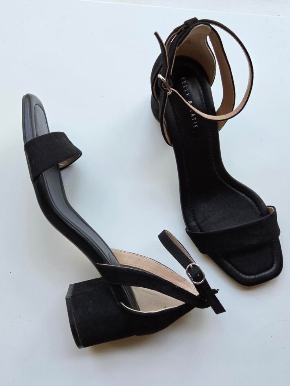 Women's Black Faux Suede Low Block Heel Ankle-Strap Sandals